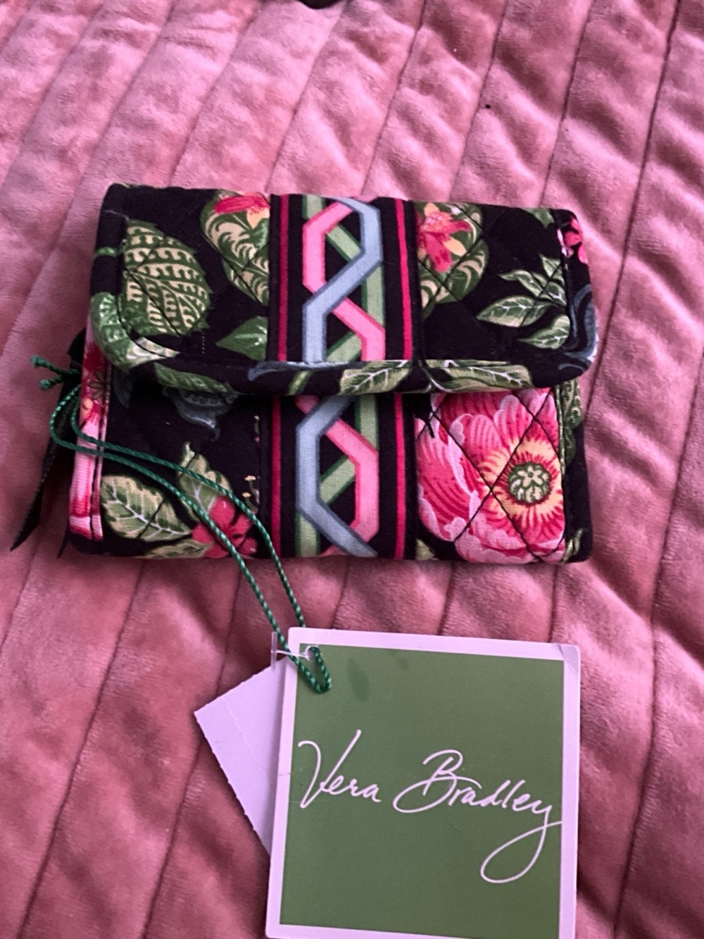 Vera Bradley  Botanica Quilted Floral Trifold Wallet in Black, Pink & Green